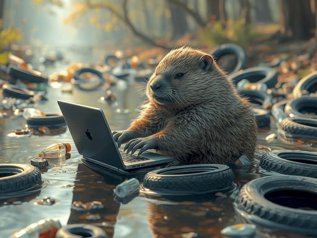 beaver in a stream typing on a computer